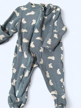Baby Waffle One-Piece Footed Romper - Blue with White Bunny Print